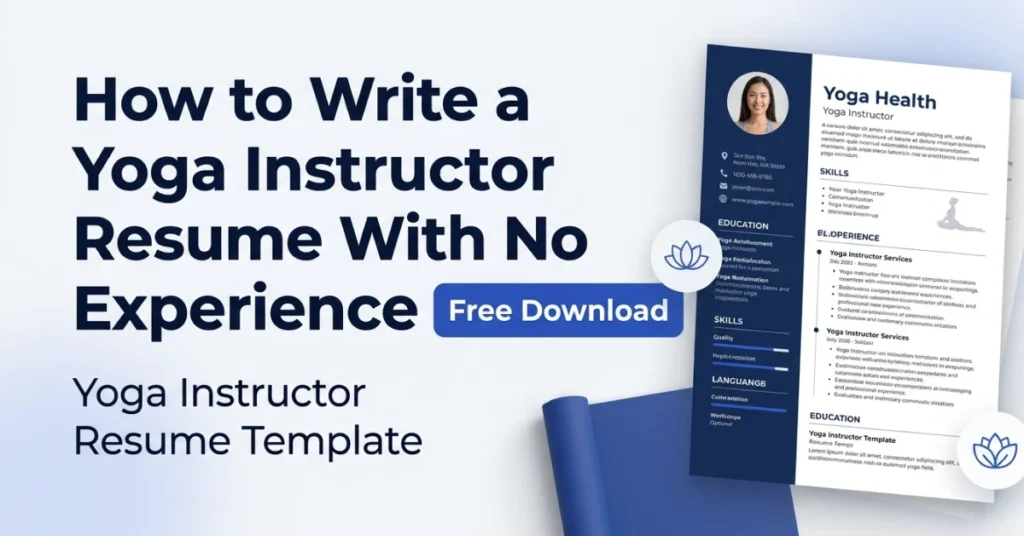 Yoga instructor resume guide featured image showing resume mockup, yoga mat, and free download button