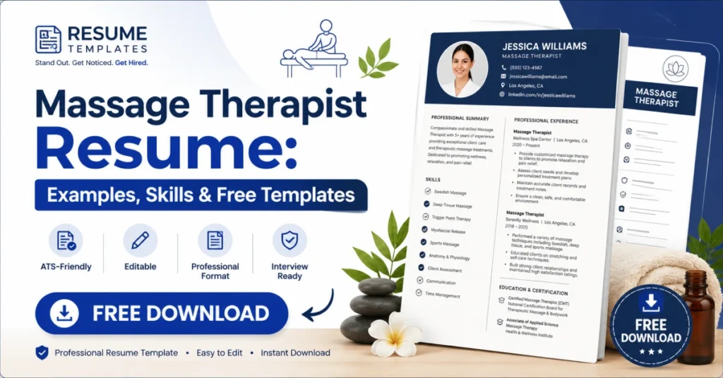 Massage therapist resume template with free download badge and professional resume mockup