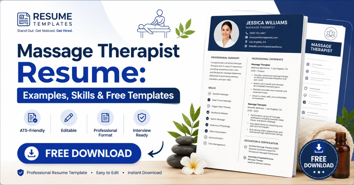 Massage therapist resume template with free download badge and professional resume mockup