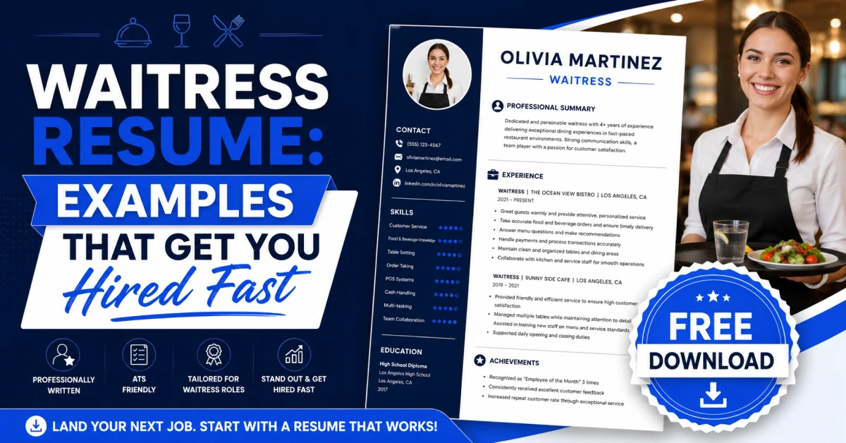 Waitress resume template with free download badge and professional hospitality resume mockup