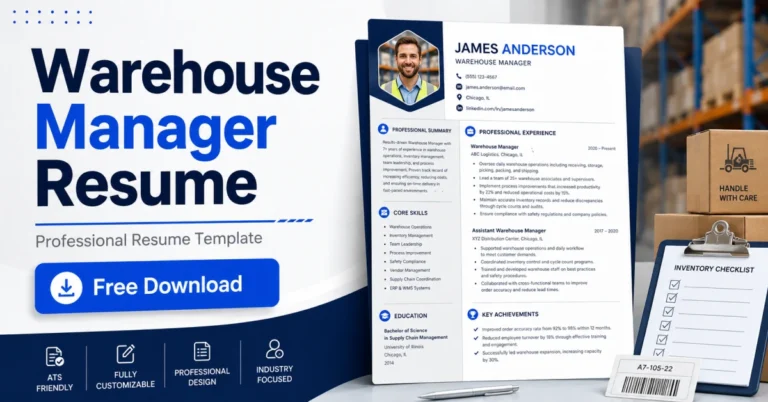 Warehouse Manager Resume template featuring professional layout, ATS-friendly format, skills section, work experience, and modern design for warehouse management jobs.