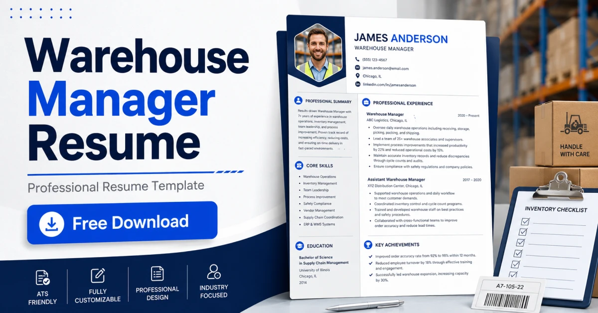 Warehouse Manager Resume template featuring professional layout, ATS-friendly format, skills section, work experience, and modern design for warehouse management jobs.