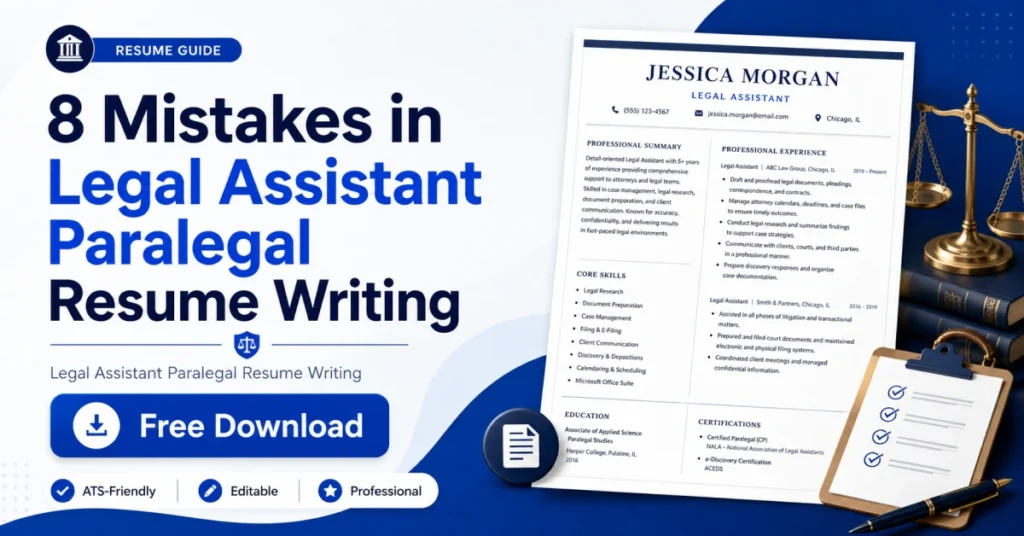 Blog featured image for legal assistant resume writing guide showing a professional paralegal resume mockup, Free Download button, and ATS-friendly resume template highlights.