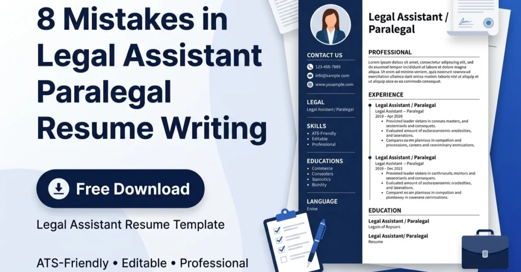 High-converting blog image for legal assistant paralegal resume tips featuring a polished resume layout, legal document icons, and editable ATS-friendly template badge.