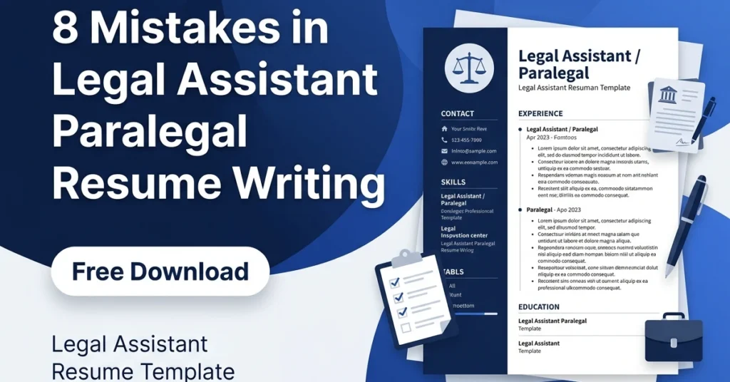 Modern blog thumbnail for 8 mistakes in legal assistant paralegal resume writing with resume mockup, legal icons, and free downloadable template badge.