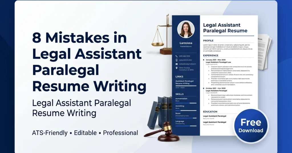 Professional legal assistant resume template image with bold headline, Free Download call-to-action, checklist icons, and clean blue resume website design.