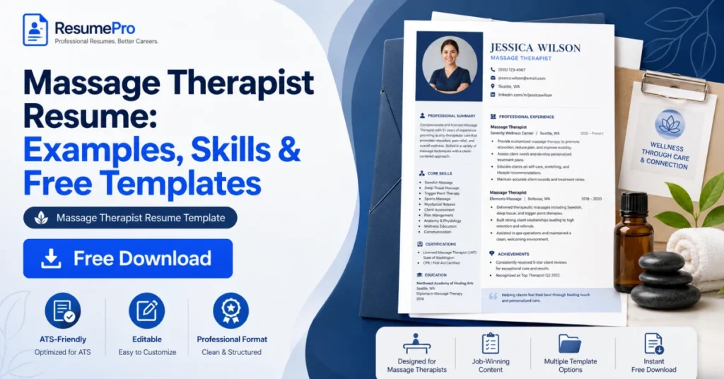 Professional massage therapist resume template showing ATS-friendly format, editable layout, and free download CTA