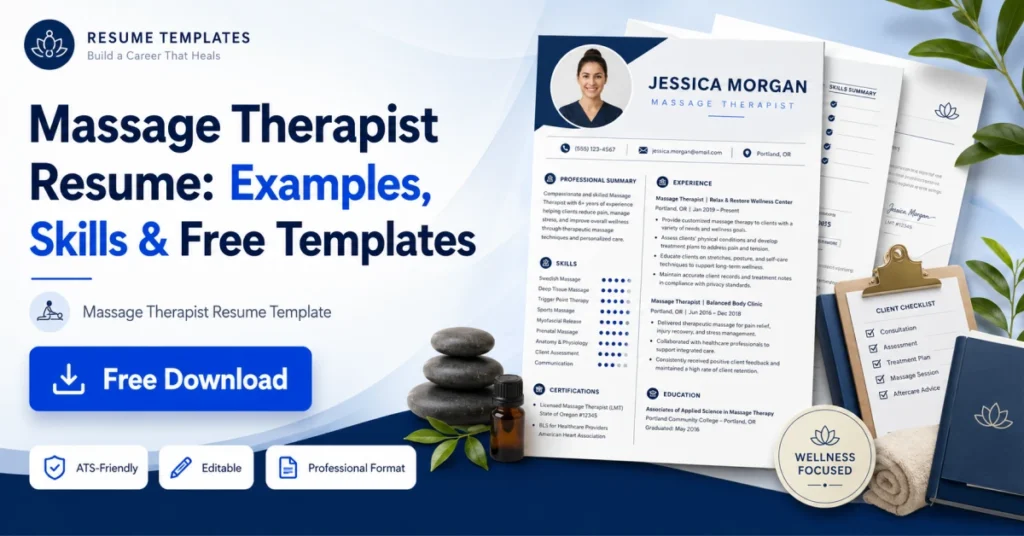 Massage therapist resume examples featured image with spa elements, resume design, and free template offer