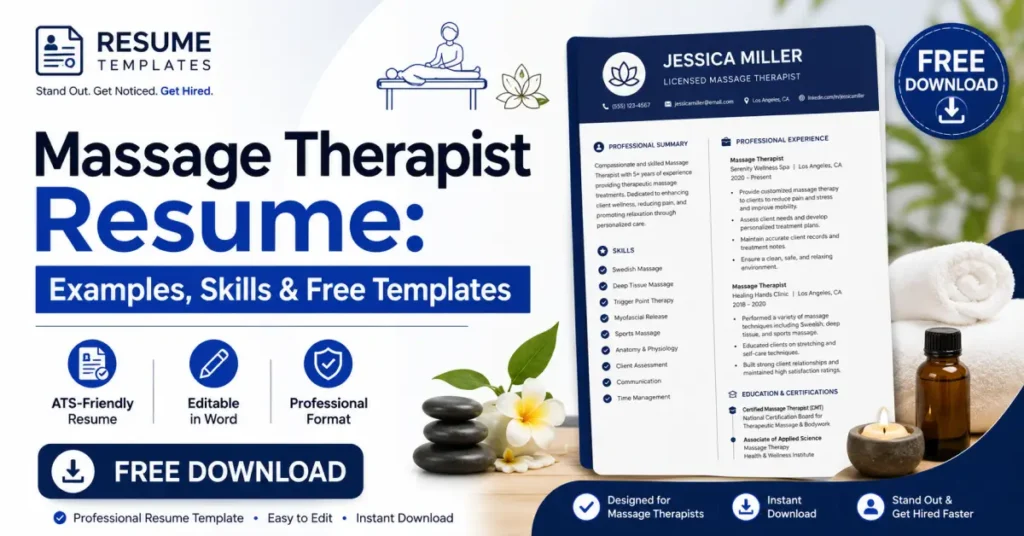 Massage therapist resume guide image with resume mockup, wellness icons, and download free template button