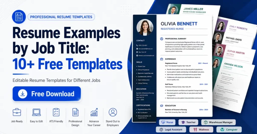 Professional resume template banner with stacked resume mockups for nurses, teachers, managers, legal assistants, waitresses, and caregivers.