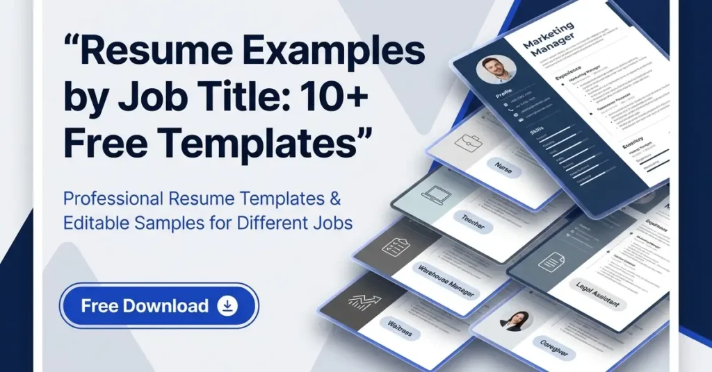 Clean resume templates graphic with blue and white branding, resume cards, career icons, and a Free Download call-to-action.