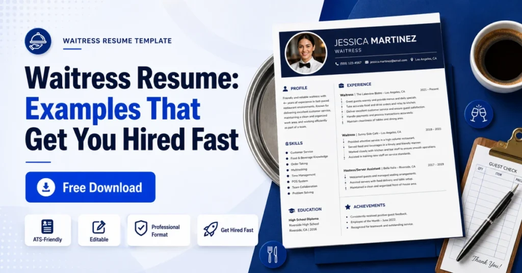 Professional waitress resume template showing ATS-friendly format, editable layout, and free download offer