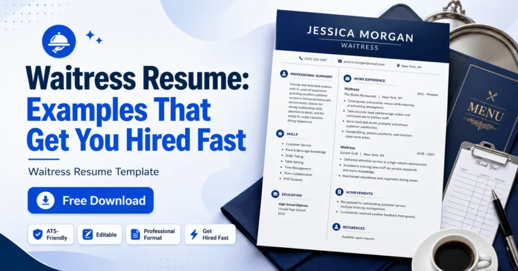Waitress resume guide image with resume mockup, restaurant icons, and download free template CTA