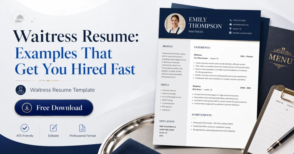 Waitress resume examples featured image with clean resume design for restaurant job seekers