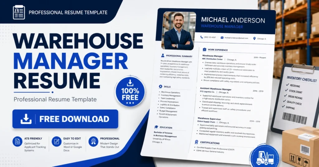 Free Warehouse Manager Resume template showcasing warehouse operations experience, logistics expertise, team management skills, and ATS-optimized design.
