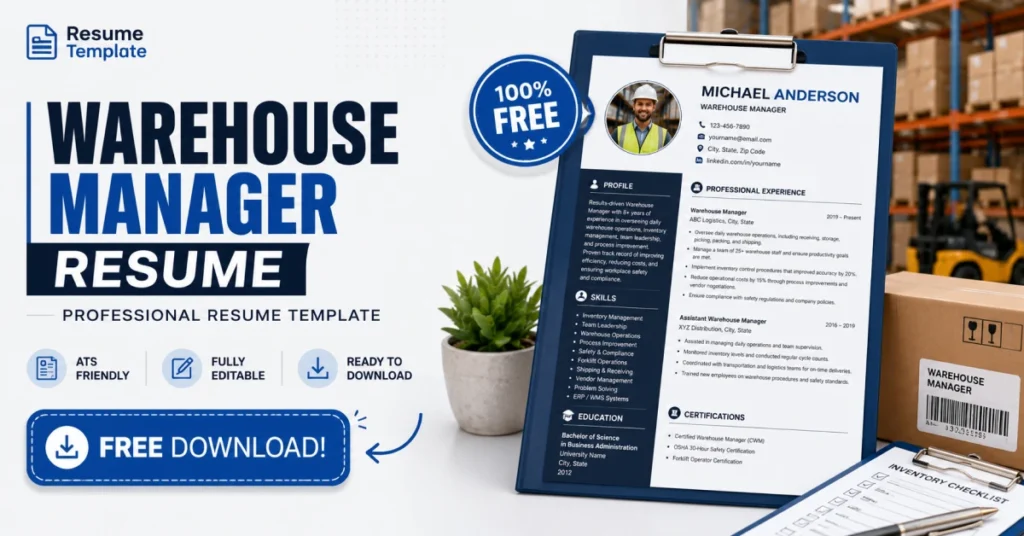 Warehouse Manager Resume example with organized work history, inventory management skills, leadership achievements, and professional resume format.